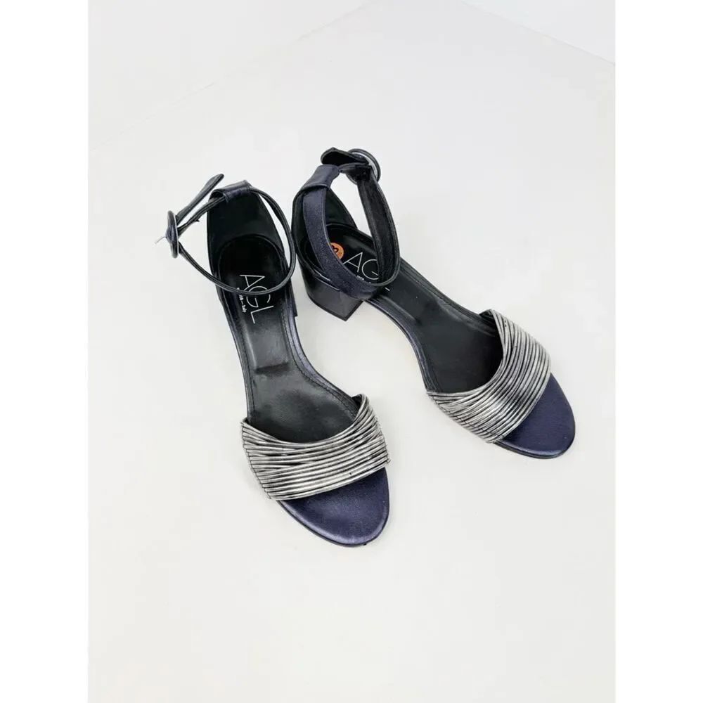 AGL Attilio Giusti Leombruni Navy Blue Metallic Leather Silver Toe Heel Sandals